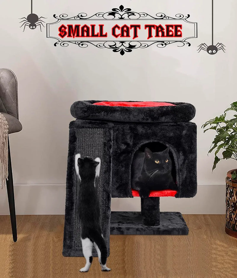 Halloween Gothic Cat Tree with Coffin Bed for Indoor Cats, Cat Tower with Scratching Post