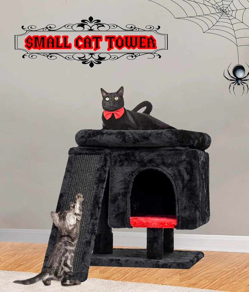 Halloween Gothic Cat Tree with Coffin Bed for Indoor Cats, Cat Tower with Scratching Post