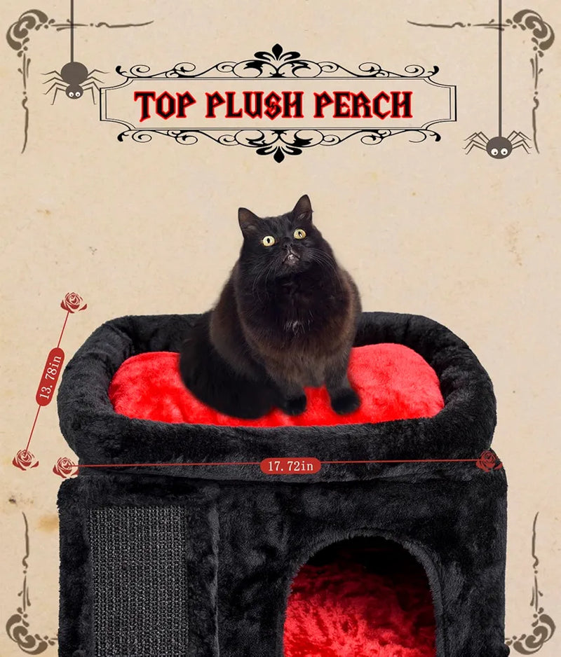 Halloween Gothic Cat Tree with Coffin Bed for Indoor Cats, Cat Tower with Scratching Post