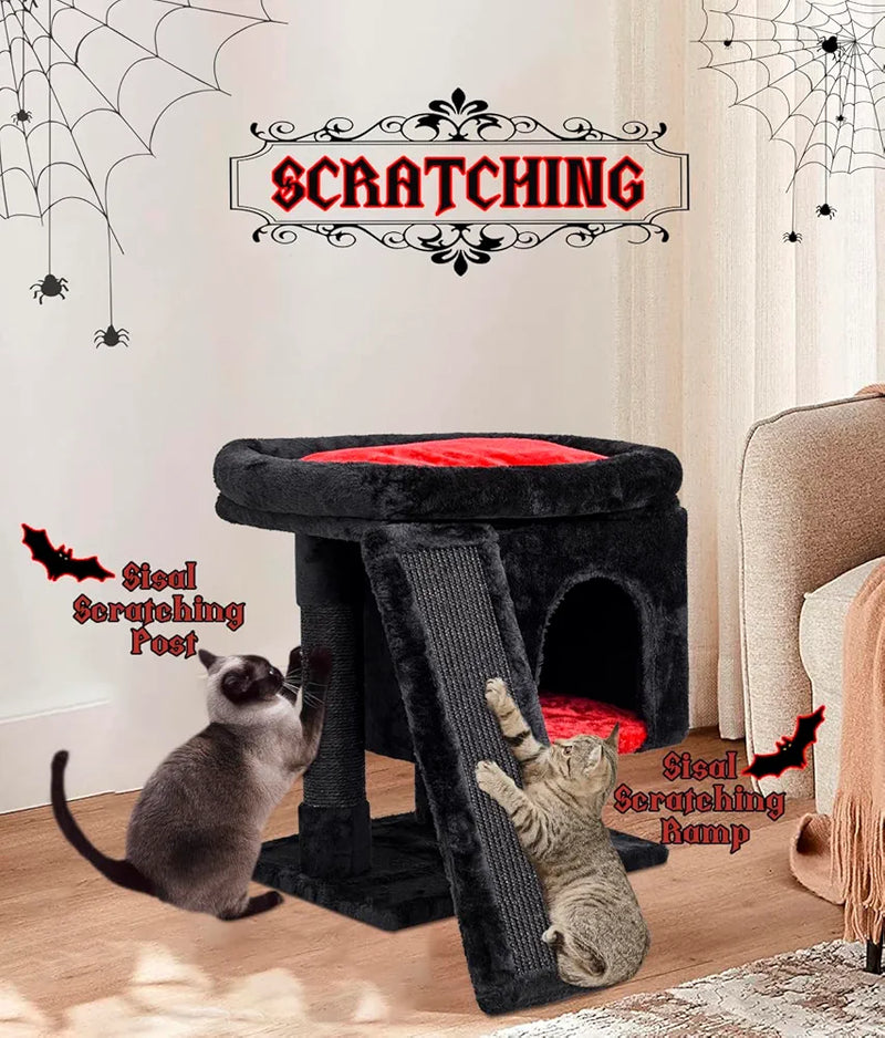 Halloween Gothic Cat Tree with Coffin Bed for Indoor Cats, Cat Tower with Scratching Post