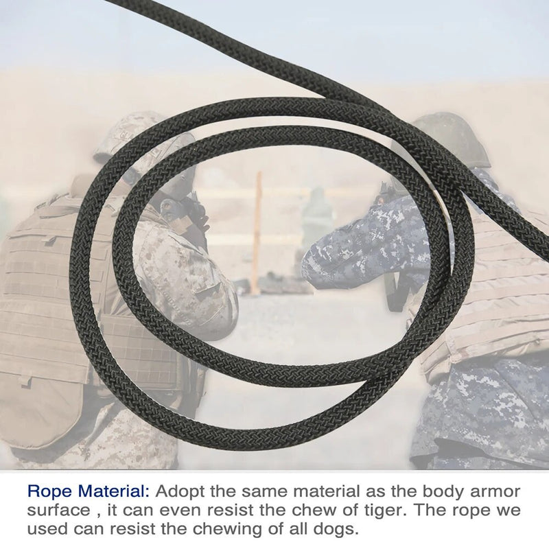 A close-up of a black braided rope, highlighting its tough material similar to body armor. The background features blurred images of two military personnel in tactical gear.