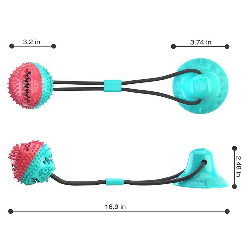 Dimensions of a turquoise and pink spiked ball dog toy with a suction cup. The toy is shown in two different angles with measurements indicating 3.2 inches for the ball, 3.74 inches for the suction cup diameter, 2.48 inches for the suction cup height, and 16.9 inches for the length.