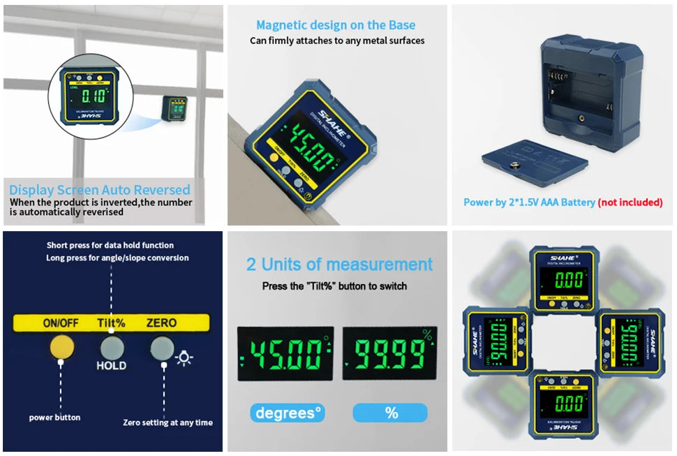 SHAHE digital angle finder inclinometer with green LCD display, magnetic base, precision protractor tool for woodworking and construction