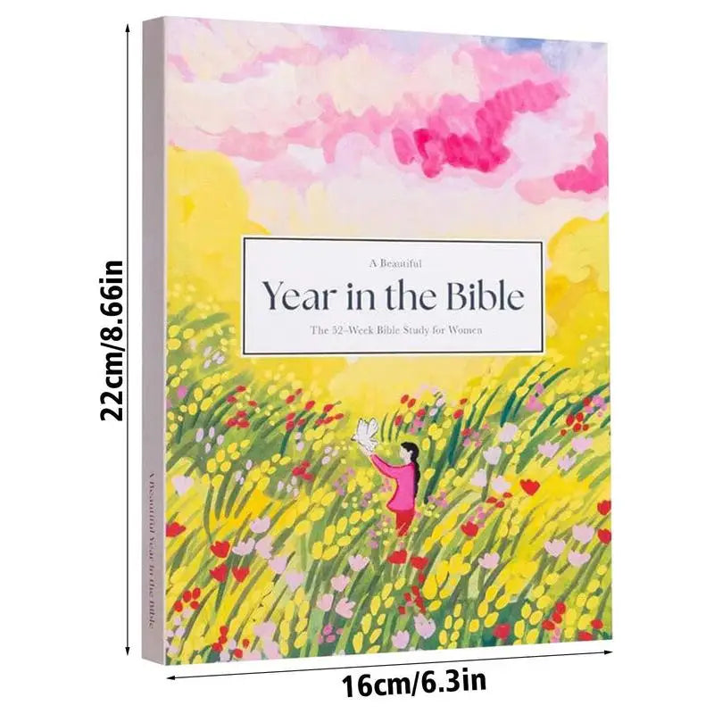 52-Week Bible Study Journal for Women cover with floral design

Woman holding 52-week Christian devotional book

Inside pages of Bible study journal with scripture reflections