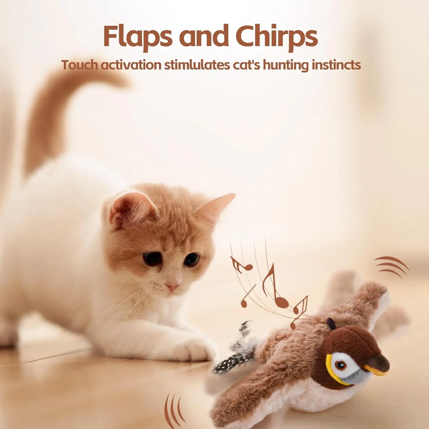Interactive Cat Toys Rechargeable Chirping Flapping Bird(no Flying) with Catnip for Indoor Cats, Touch Activated  Plush Toys