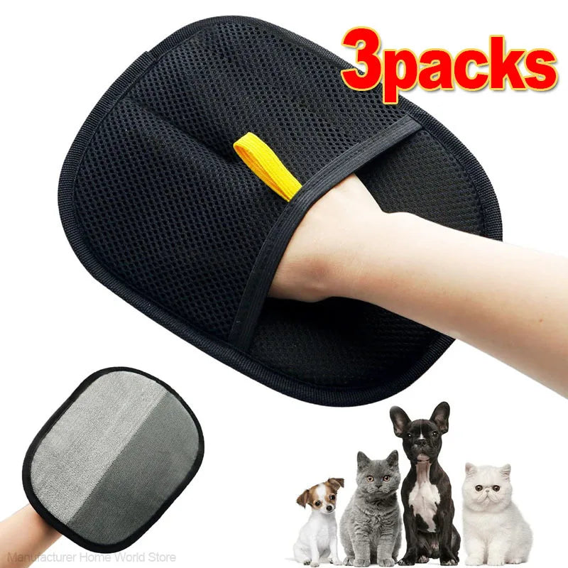Reusable pet hair remover glove – double-sided brush for cats and dogs, 3 pack set for grooming and furniture cleaning