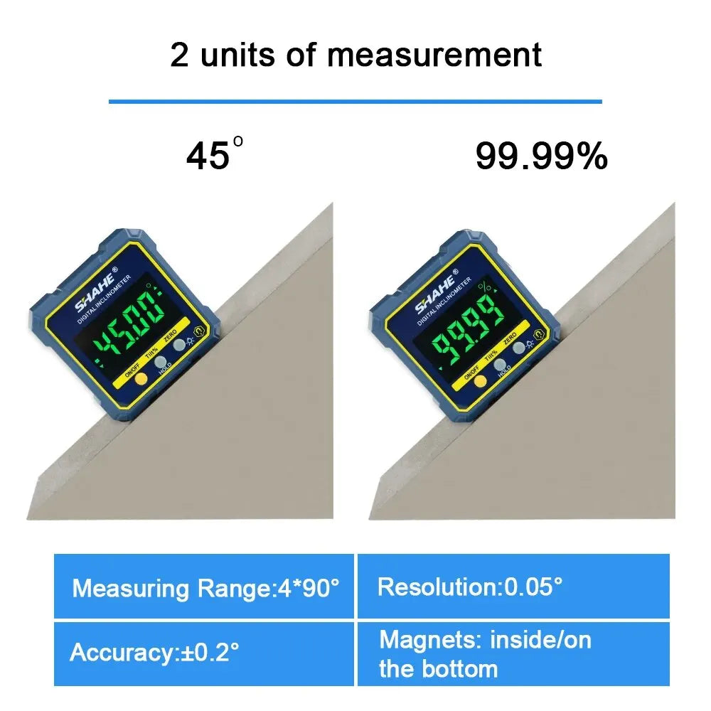 SHAHE digital angle finder inclinometer with green LCD display, magnetic base, precision protractor tool for woodworking and construction