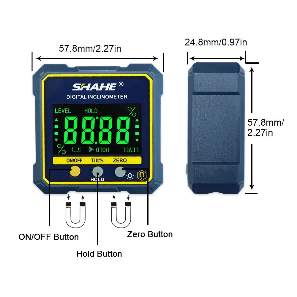 SHAHE digital angle finder inclinometer with green LCD display, magnetic base, precision protractor tool for woodworking and construction