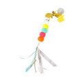 A colorful cat toy featuring five pom-poms in white, yellow, green, pink, and orange, with hanging ribbons. The toy is attached to a yellow string with a suction cup, designed to engage cats in interactive play.