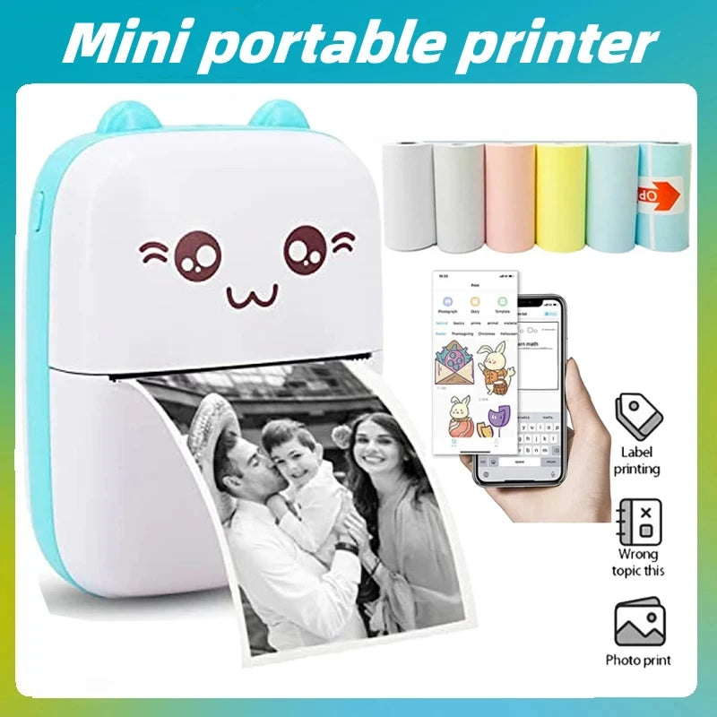Portable thermal printer Inkless Sticker printer mini cat print photo pocket thermal label printer 58mm printing wireless Bluetooth Android iOS printers
