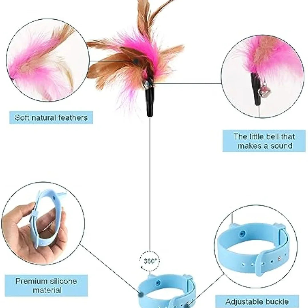 Cat Collar Toy, New Premium Teasing Wand with Colorful Natural Feathers and Bell, Lightweight Silicone for Extra Comfort, Interactive Self Playing Toys for Indoor Kittens