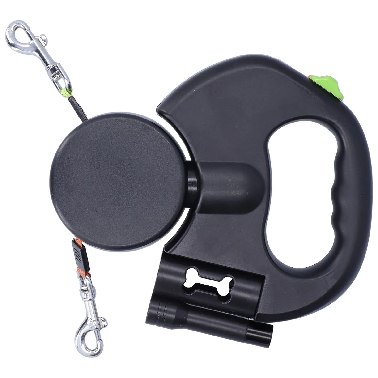 Retractable double dog leash for two dogs with ergonomic handle, black color