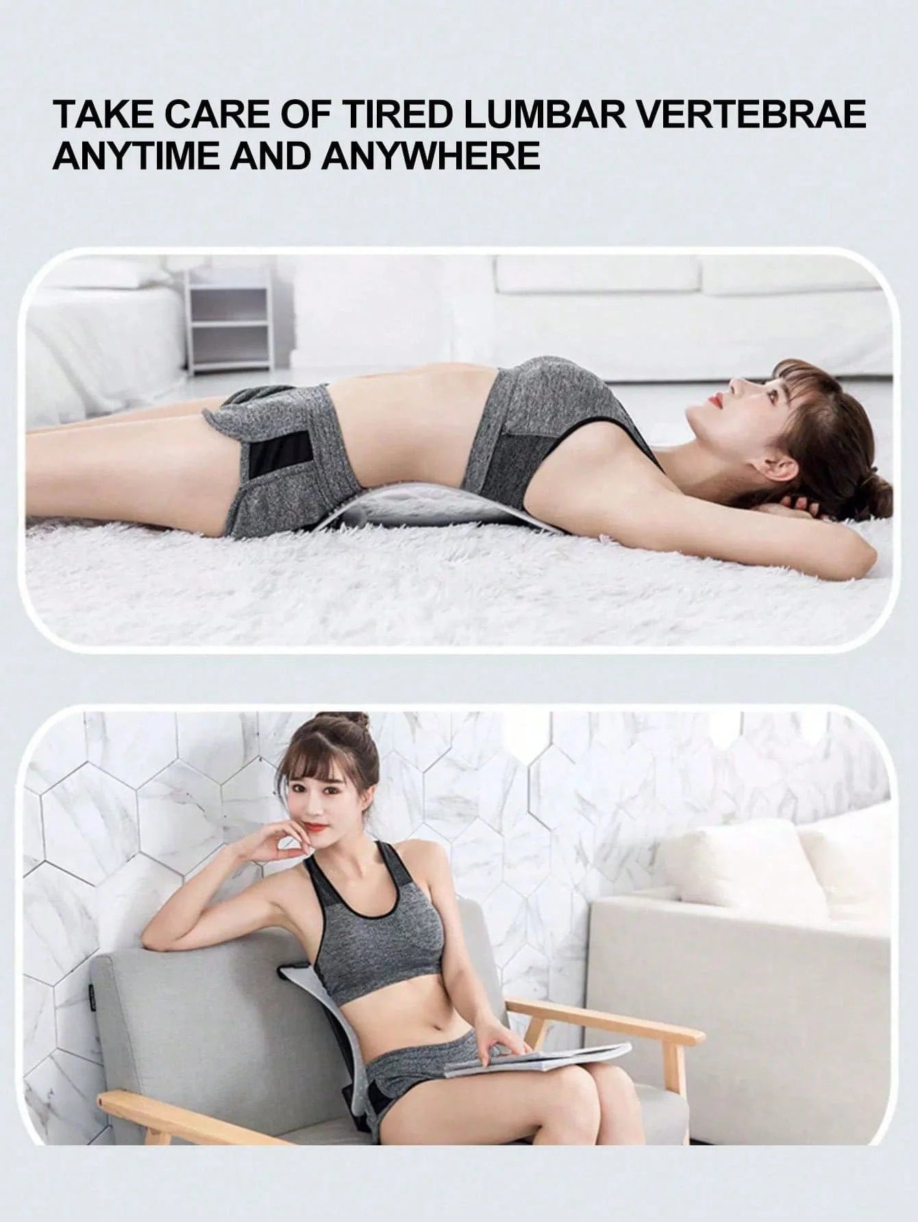Back stretcher for lower back pain relief with lumbar support and acupressure – woman using spine decompression device