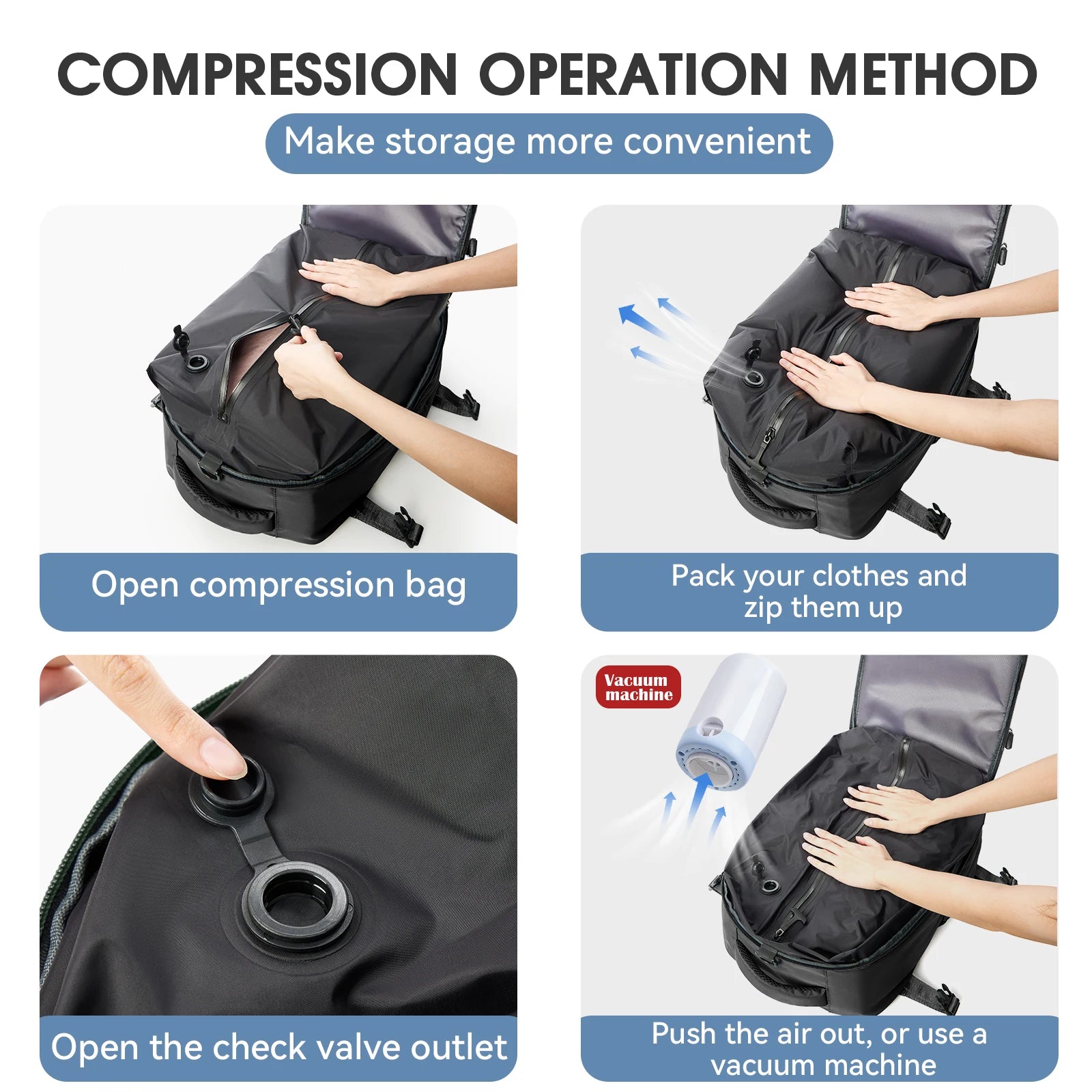 Vacuum Travel Backpack 60L – Expandable Business Laptop Bag with Air Compression Pump, Water Resistant, TSA Lock