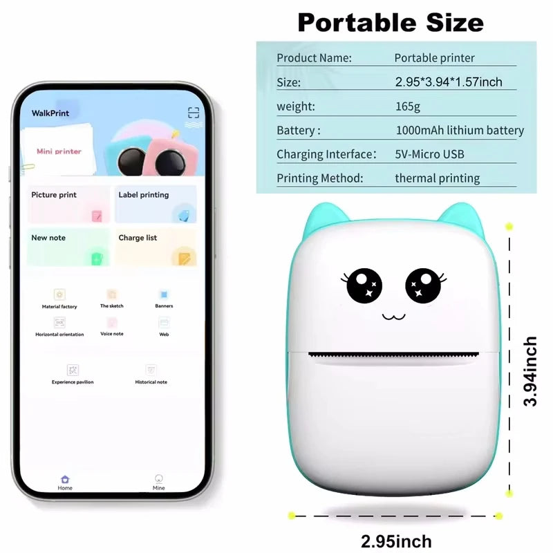 Portable thermal printer Inkless Sticker printer mini cat print photo pocket thermal label printer 58mm printing wireless Bluetooth Android iOS printers