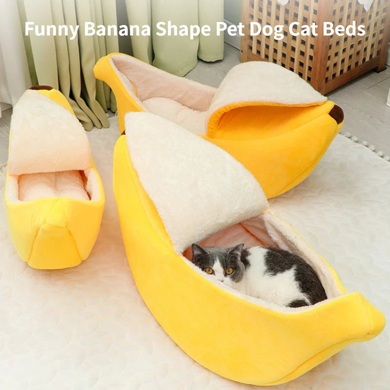 Cute Banana Cat Bed House Large Size, Christmas Pet Bed Soft Warm Cat Cuddle Bed, Lovely Pet Supplies for Cats Kittens Rabbit Small Dogs Bed,Yellow