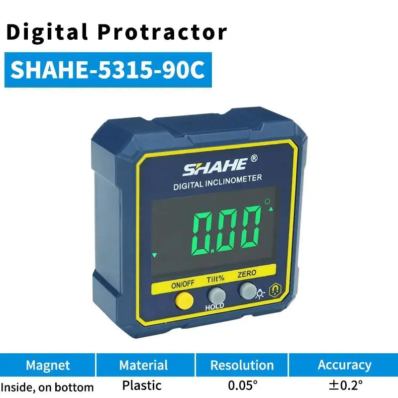 SHAHE digital angle finder inclinometer with green LCD display, magnetic base, precision protractor tool for woodworking and construction