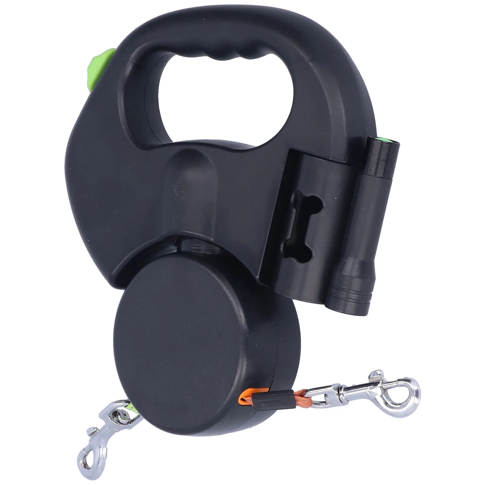 Retractable double dog leash for two dogs with ergonomic handle, black color