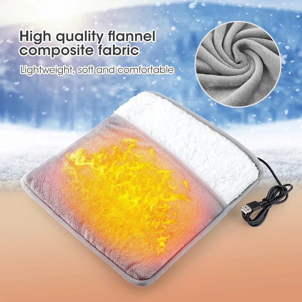 Portable USB heated foot pad in gray plush fabric, foldable and washable design for easy use.