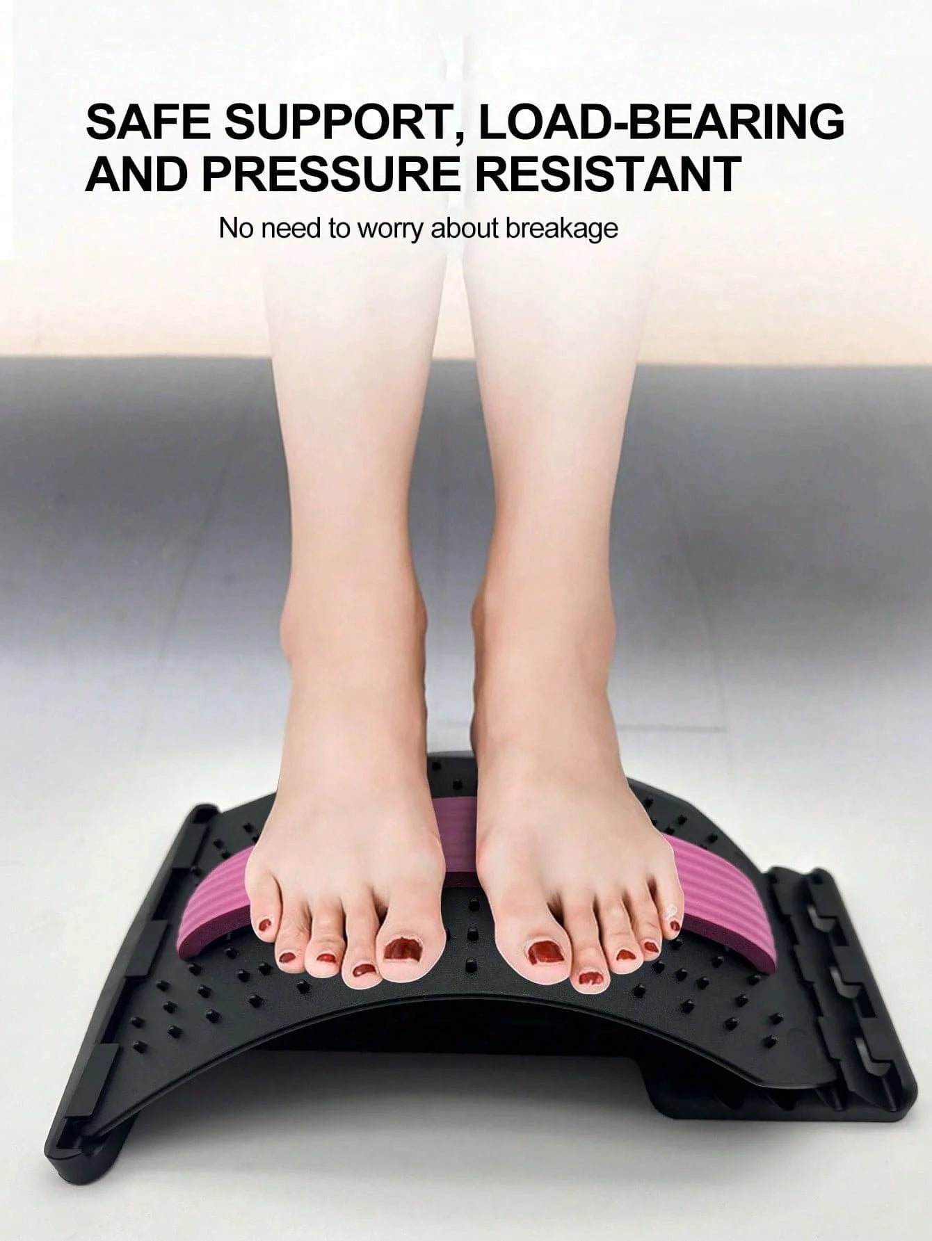 Back stretcher for lower back pain relief with lumbar support and acupressure – woman using spine decompression device