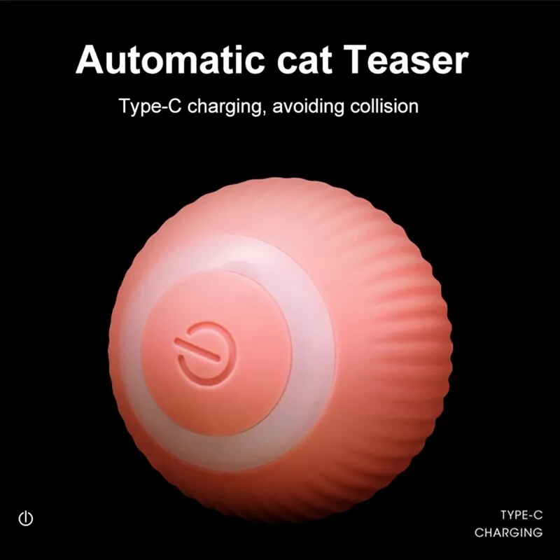 Close-up of a coral-colored automatic cat teaser ball, featuring a power button and Type-C charging port. The ball is designed to avoid collisions, providing safe and interactive playtime for cats.