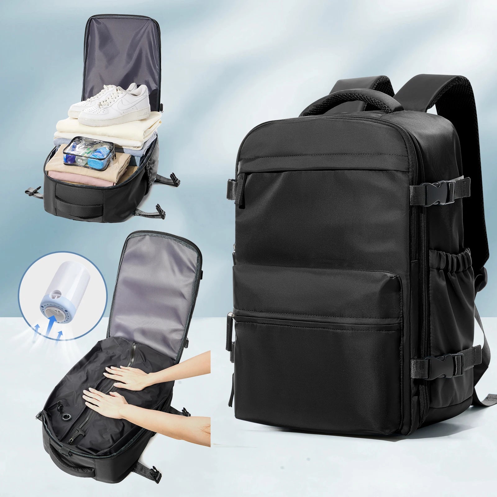 Vacuum Travel Backpack 60L – Expandable Business Laptop Bag with Air Compression Pump, Water Resistant, TSA Lock