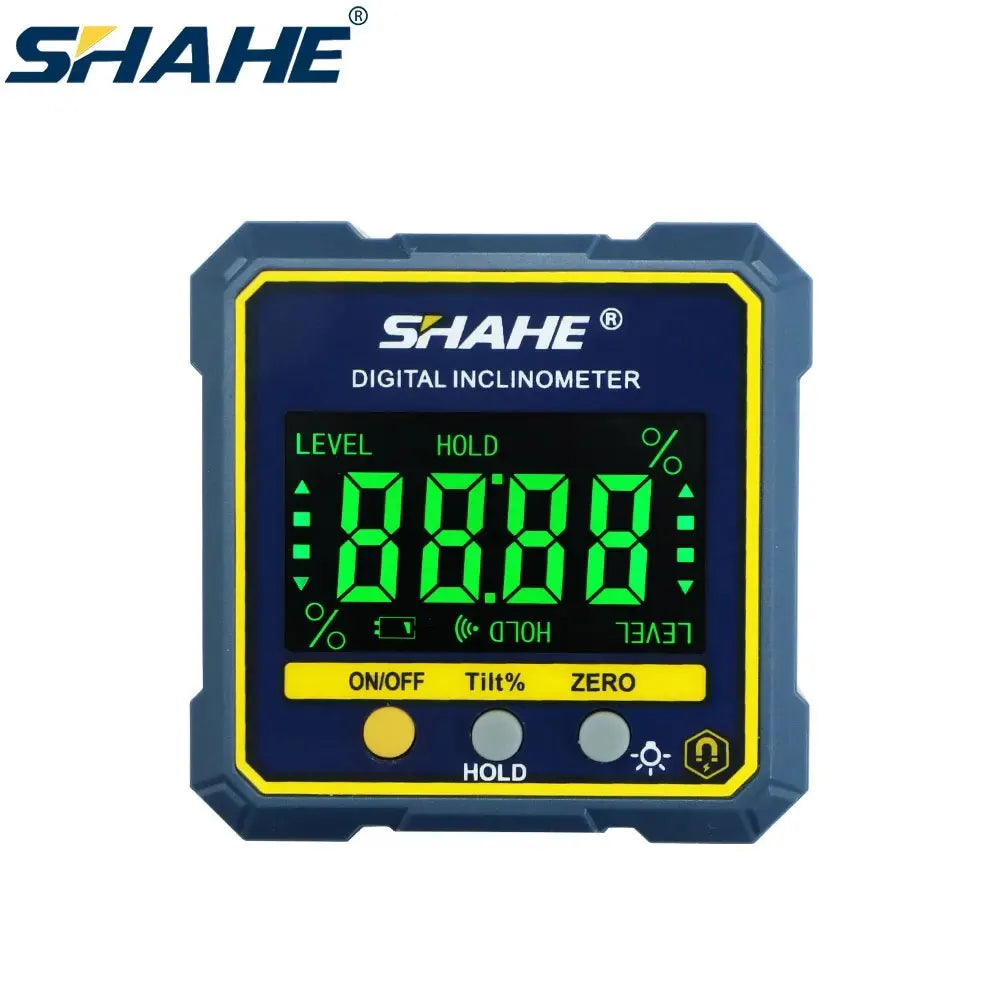 SHAHE digital angle finder inclinometer with green LCD display, magnetic base, precision protractor tool for woodworking and construction