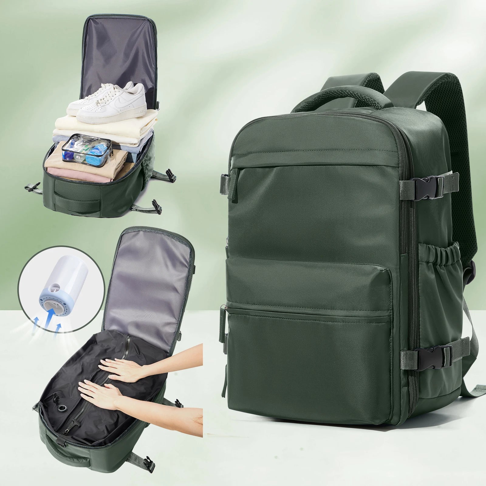Vacuum Travel Backpack 60L – Expandable Business Laptop Bag with Air Compression Pump, Water Resistant, TSA Lock
