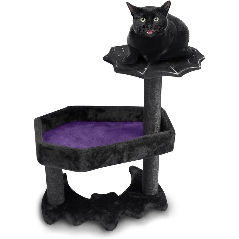 Gothic Cat Tree with Coffin Cat Bed, Gothic Cat Tower, Coffin cat Tree with Sisal Scratching Posts for Halloween cat