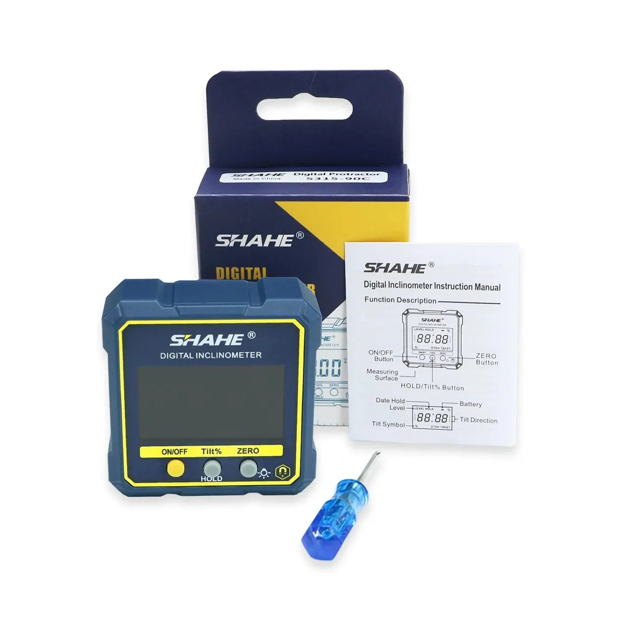 SHAHE digital angle finder inclinometer with green LCD display, magnetic base, precision protractor tool for woodworking and construction