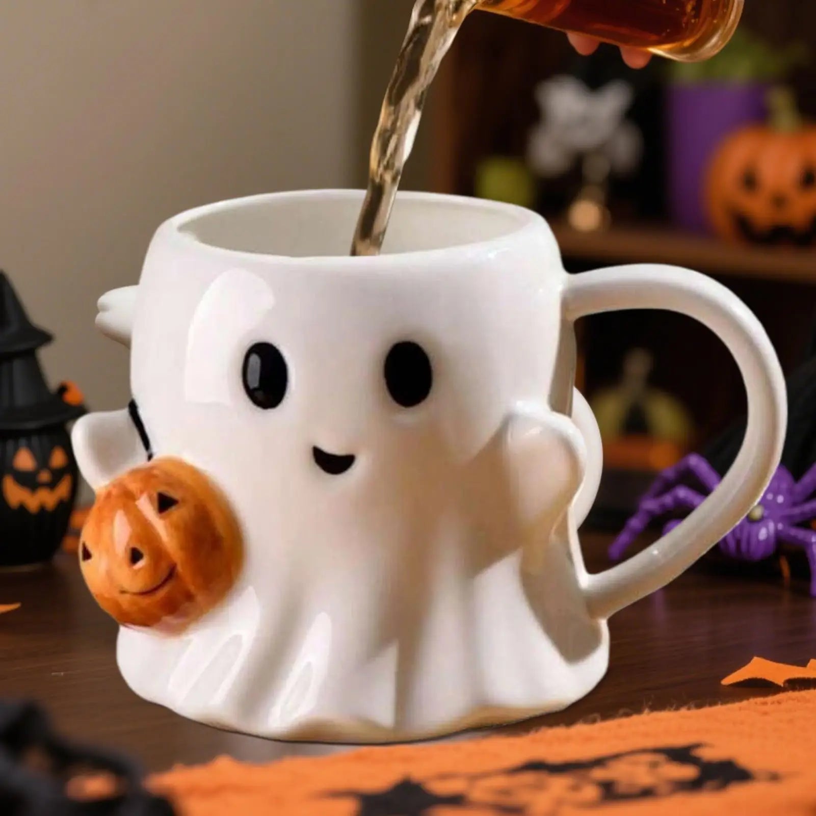 Halloween Ghost Mug – Cute Ceramic Coffee Cup with Pumpkin, Funny Gift for Home & Office