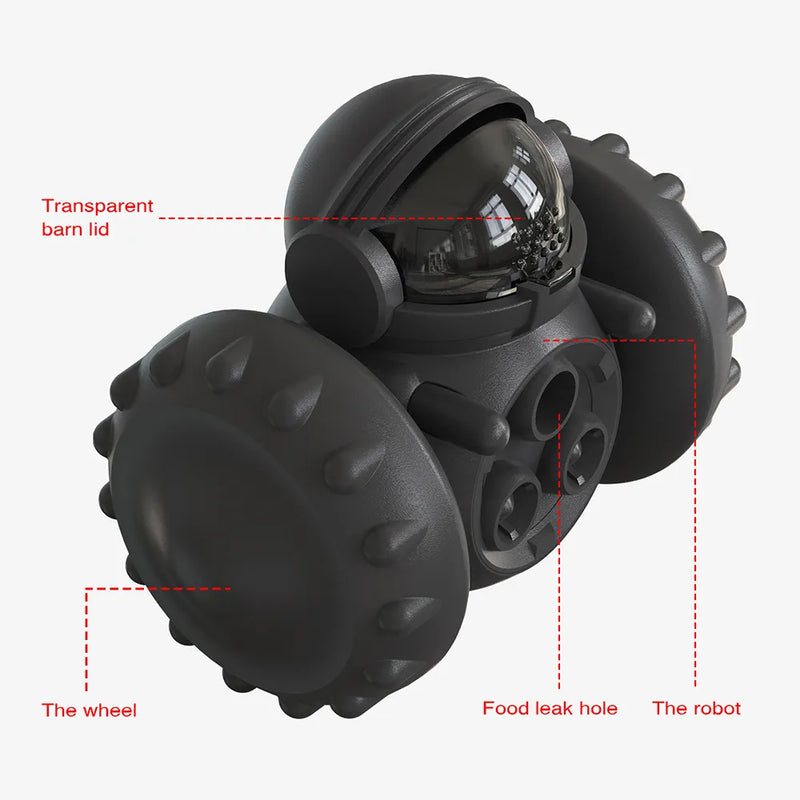 A detailed view of a black interactive pet toy designed to dispense treats. The toy features a transparent dome lid, large spiked wheels, and multiple food leak holes. Labels indicate different parts of the toy, including 'transparent barn lid,' 'the wheel,' 'food leak hole,' and 'the robot.