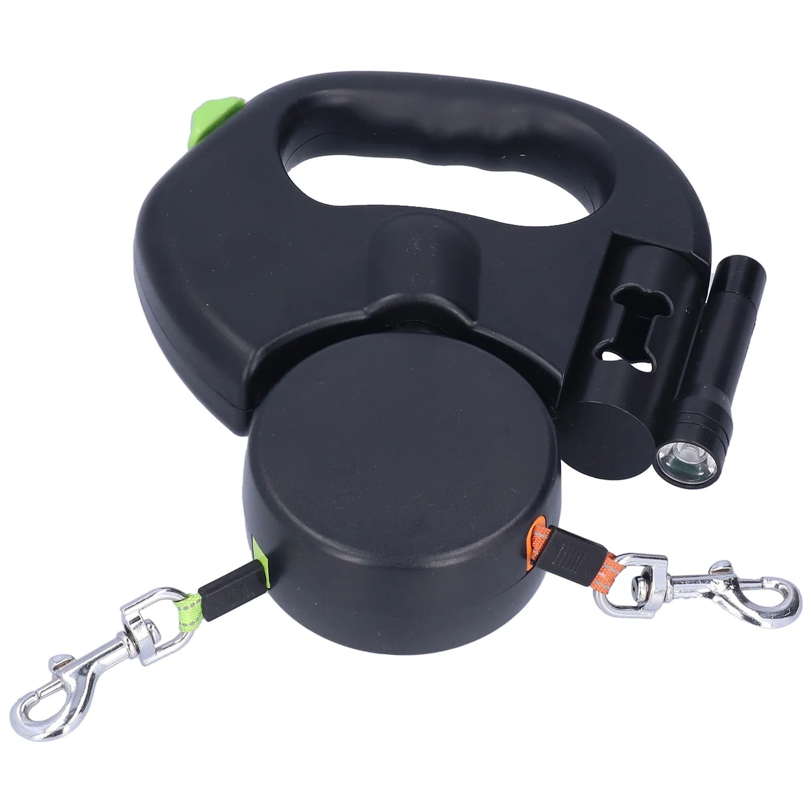 Retractable double dog leash for two dogs with ergonomic handle, black color