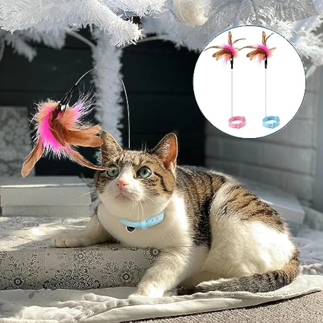 Cat Collar Toy, New Premium Teasing Wand with Colorful Natural Feathers and Bell, Lightweight Silicone for Extra Comfort, Interactive Self Playing Toys for Indoor Kittens