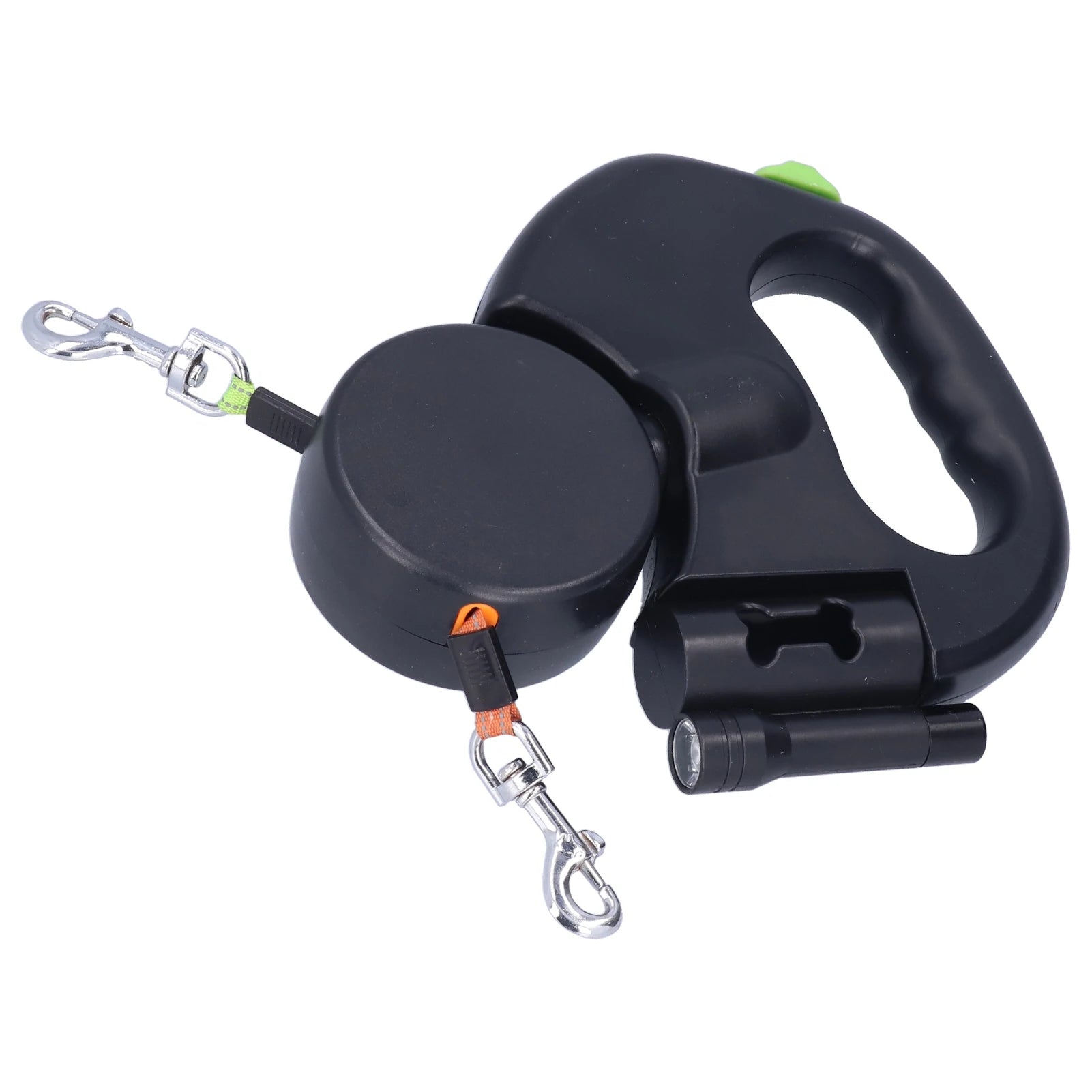 Retractable double dog leash for two dogs with ergonomic handle, black color