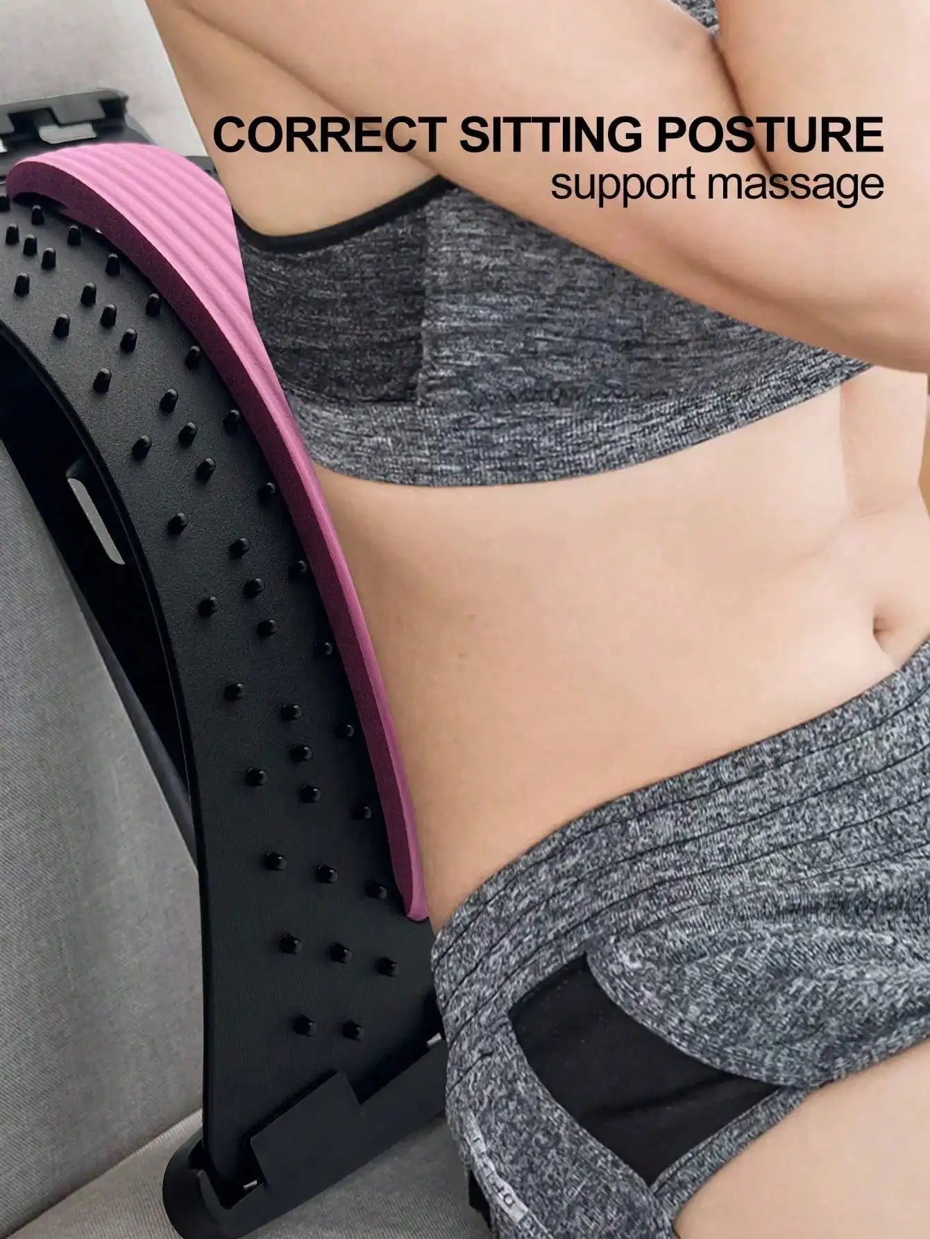 Back stretcher for lower back pain relief with lumbar support and acupressure – woman using spine decompression device