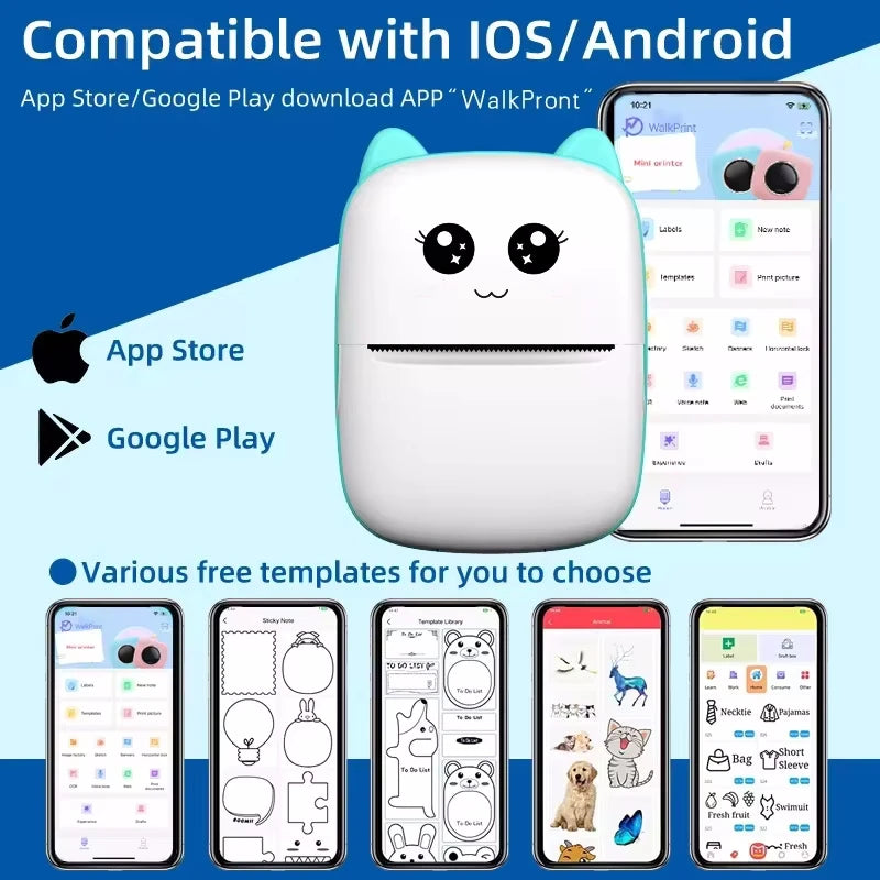 Portable thermal printer Inkless Sticker printer mini cat print photo pocket thermal label printer 58mm printing wireless Bluetooth Android iOS printers