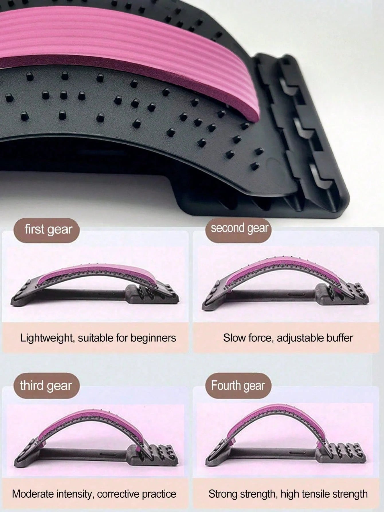 Back stretcher for lower back pain relief with lumbar support and acupressure – woman using spine decompression device