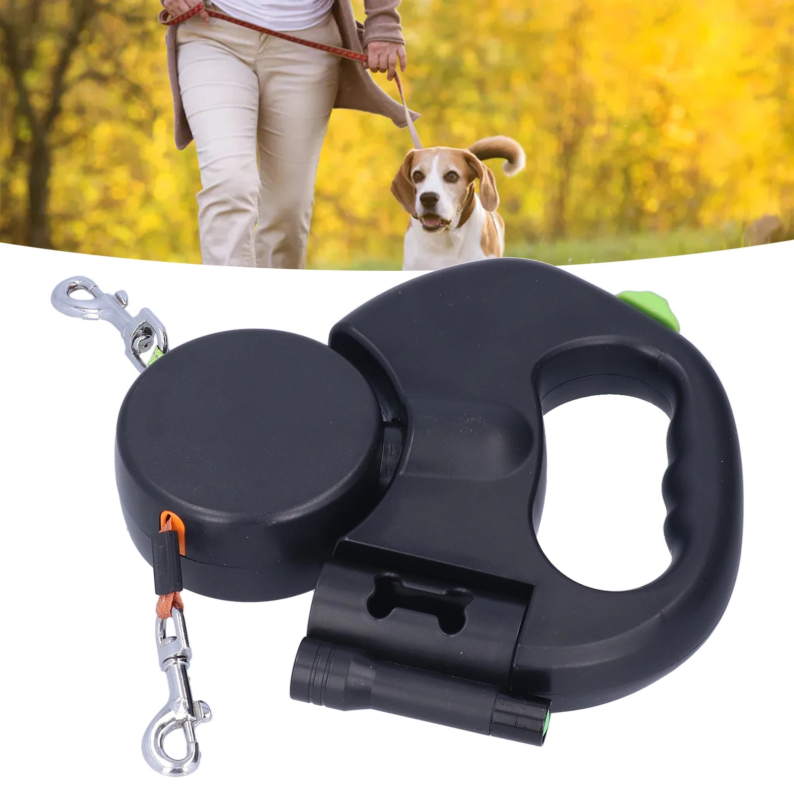 Retractable double dog leash for two dogs with ergonomic handle, black color
