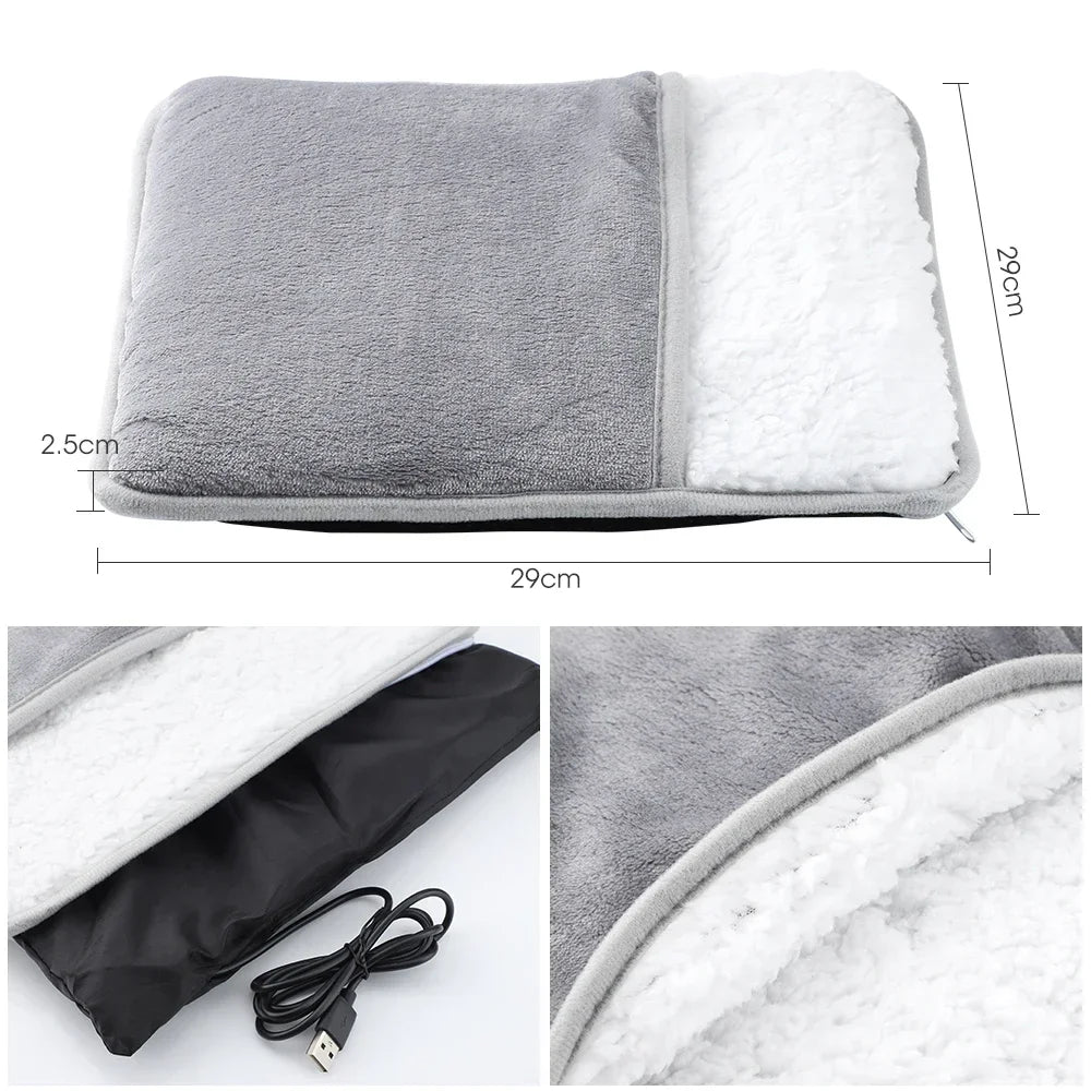 Foldable and space-saving foot warmer pad with plush cover, easy to store and carry.