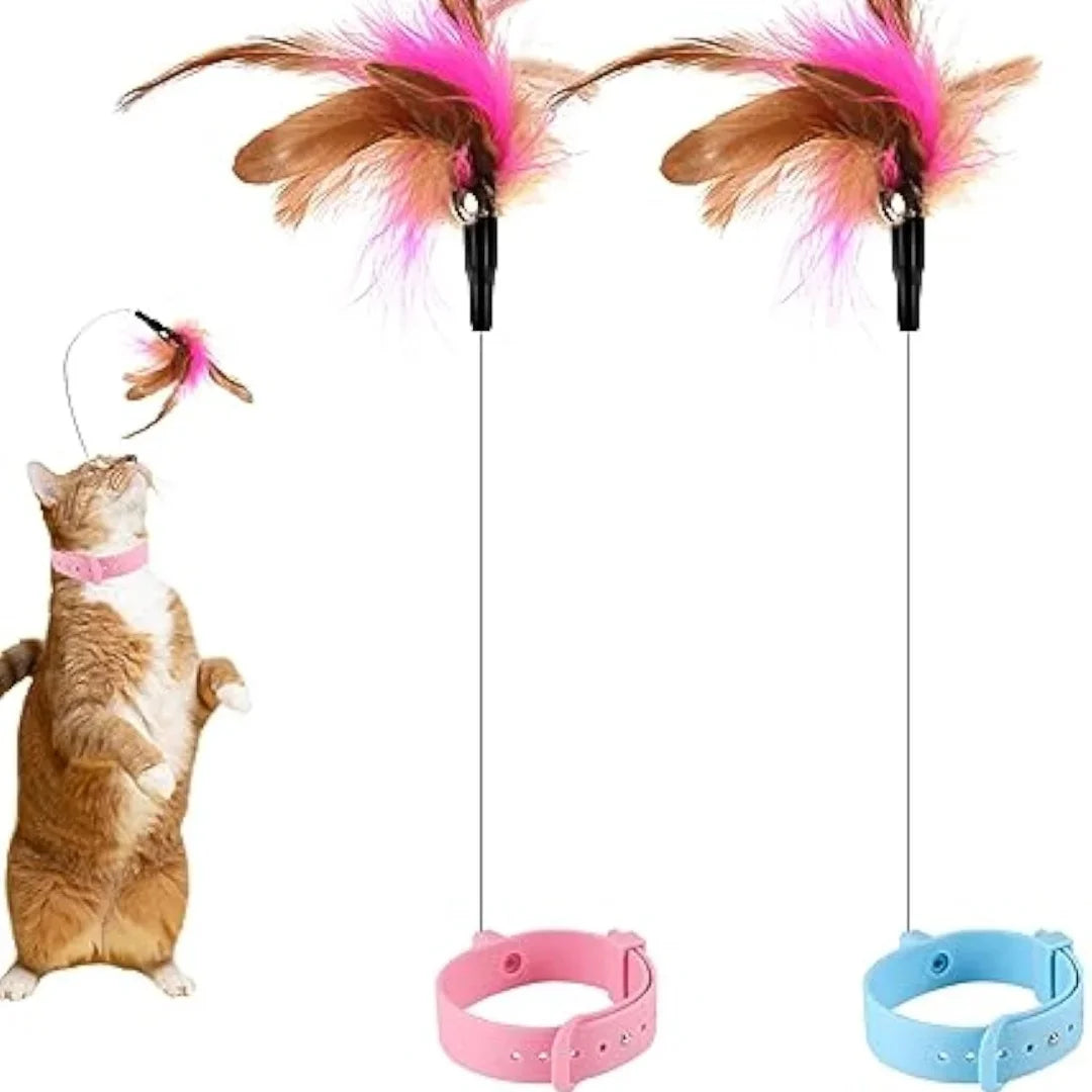 Cat Collar Toy, New Premium Teasing Wand with Colorful Natural Feathers and Bell, Lightweight Silicone for Extra Comfort, Interactive Self Playing Toys for Indoor Kittens