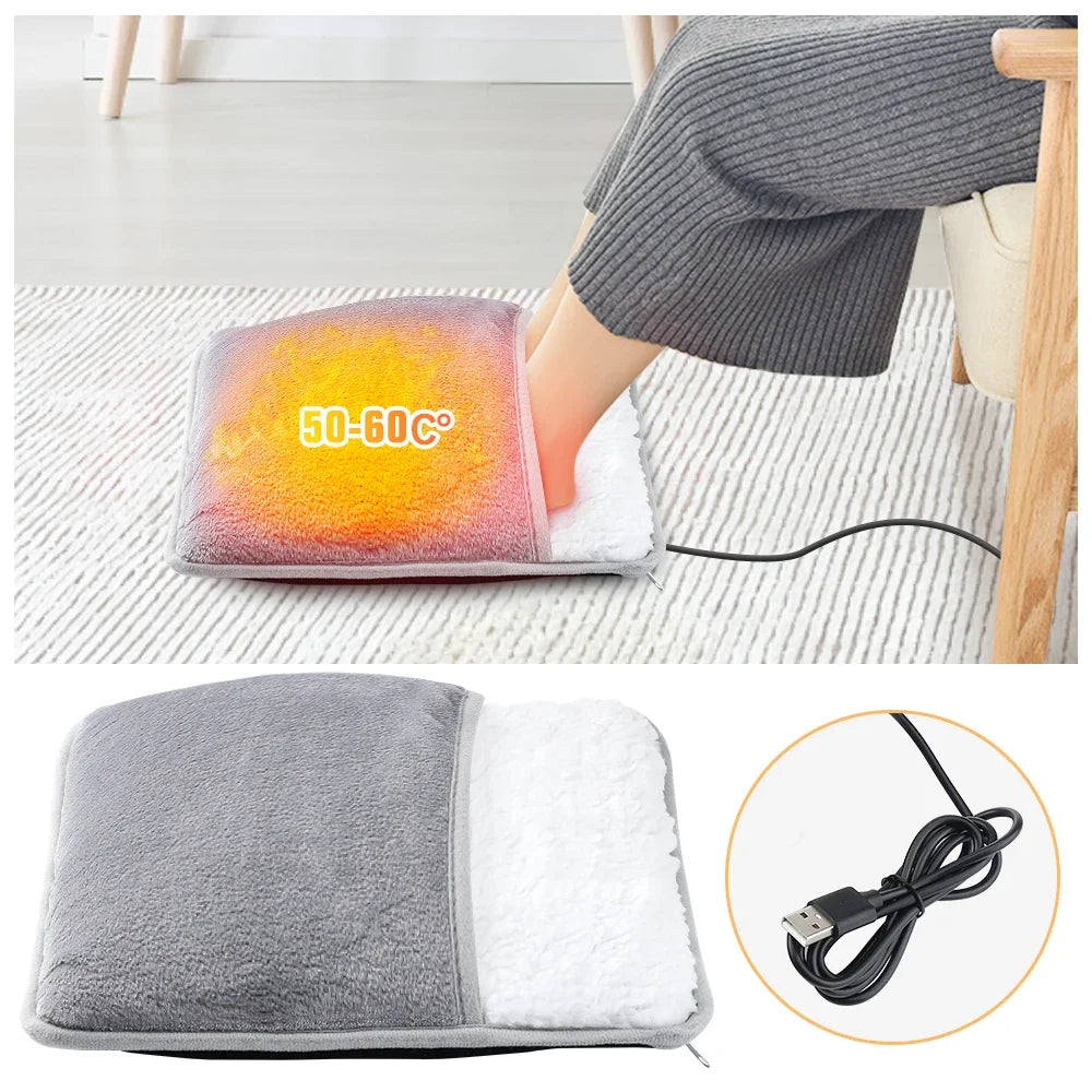 USB foot warmer with soft plush cover, heating up to 50–60°C, perfect for keeping feet warm at home or office.