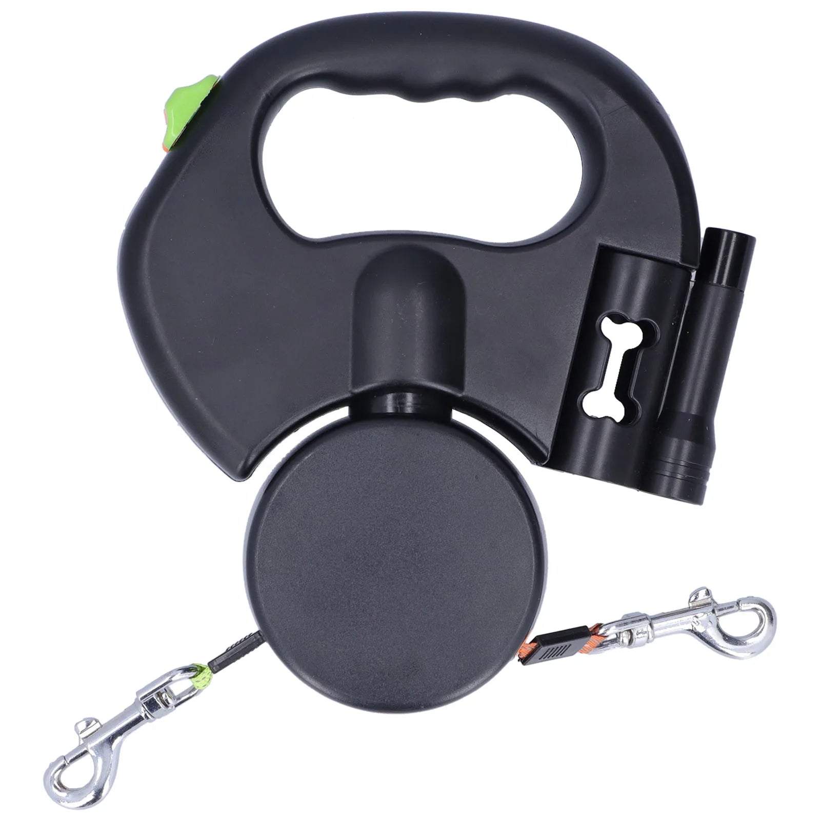 Retractable double dog leash for two dogs with ergonomic handle, black color