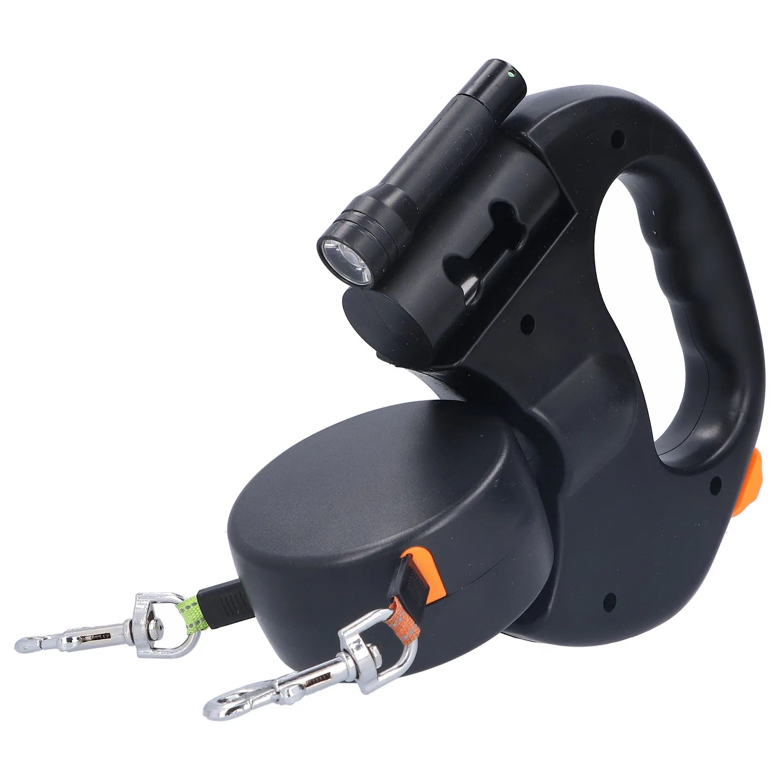 Retractable double dog leash for two dogs with ergonomic handle, black color