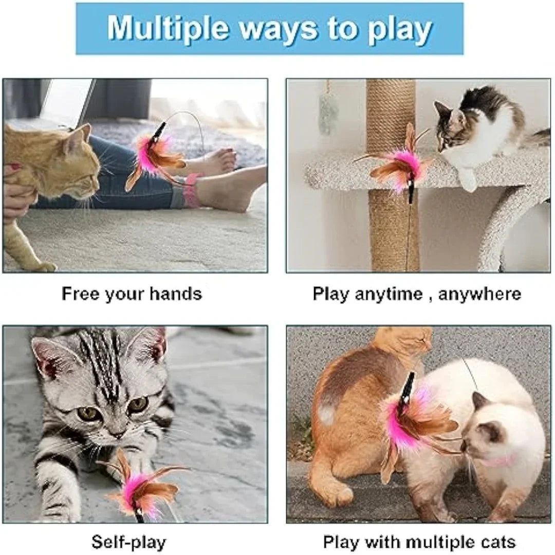 Cat Collar Toy, New Premium Teasing Wand with Colorful Natural Feathers and Bell, Lightweight Silicone for Extra Comfort, Interactive Self Playing Toys for Indoor Kittens