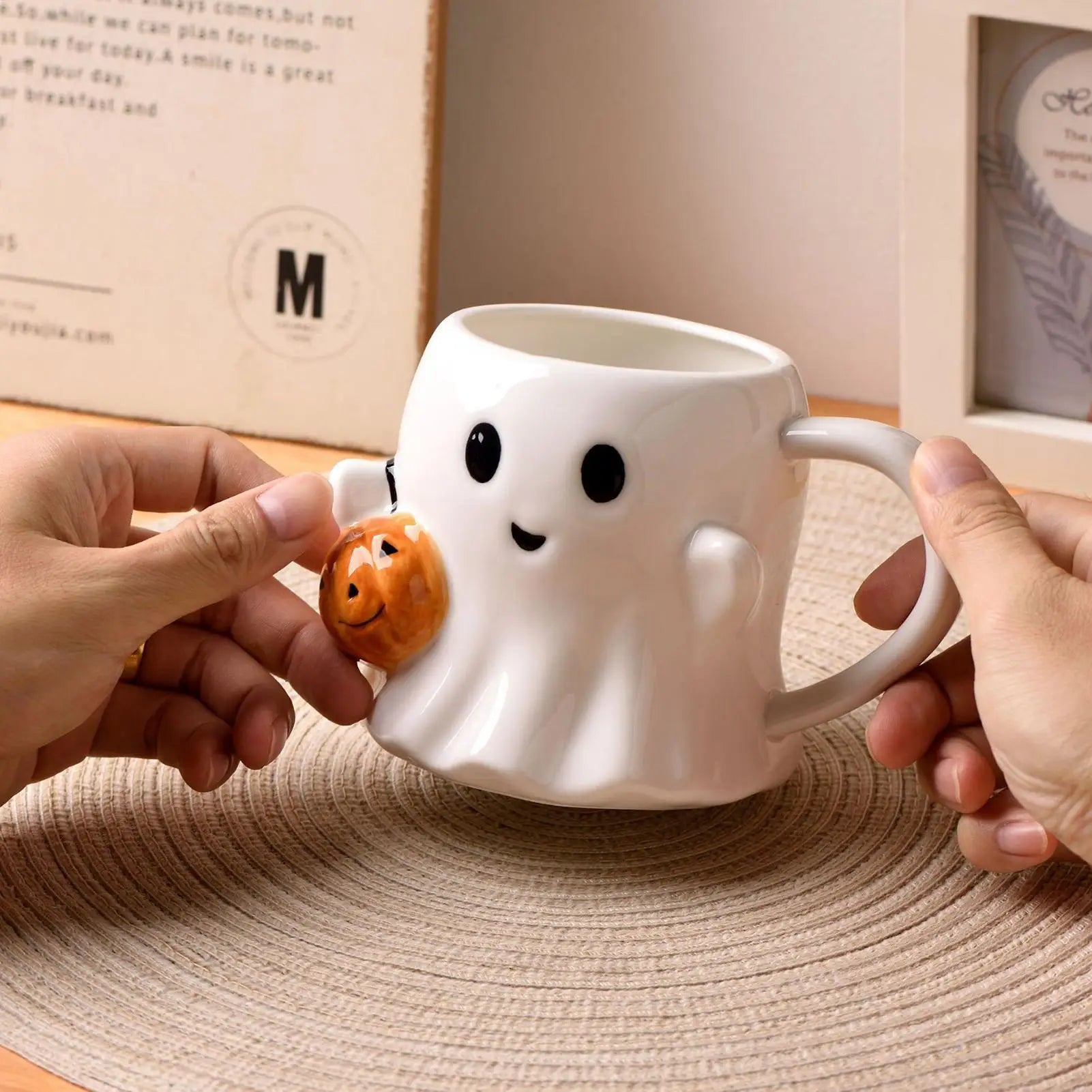 Halloween Ghost Mug – Cute Ceramic Coffee Cup with Pumpkin, Funny Gift for Home & Office