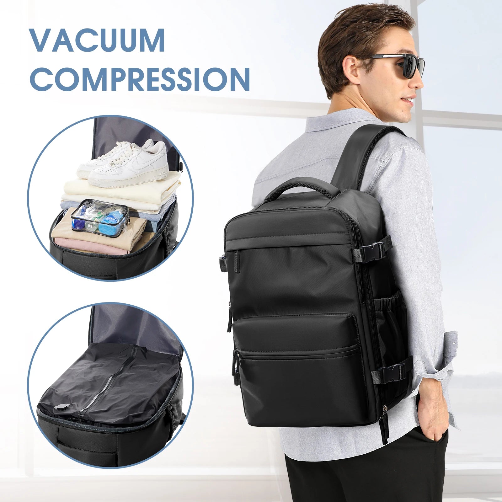 Vacuum Travel Backpack 60L – Expandable Business Laptop Bag with Air Compression Pump, Water Resistant, TSA Lock