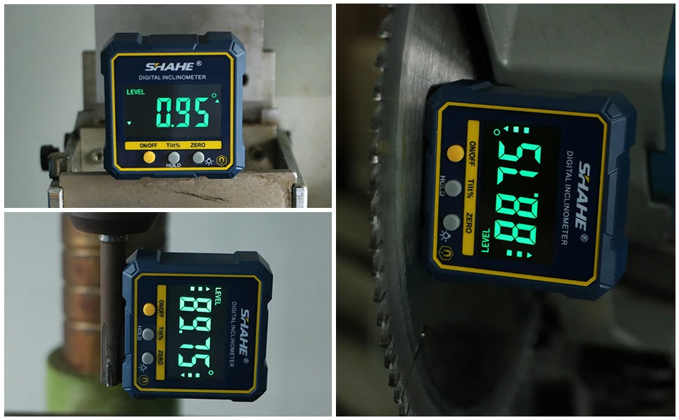 SHAHE digital angle finder inclinometer with green LCD display, magnetic base, precision protractor tool for woodworking and construction