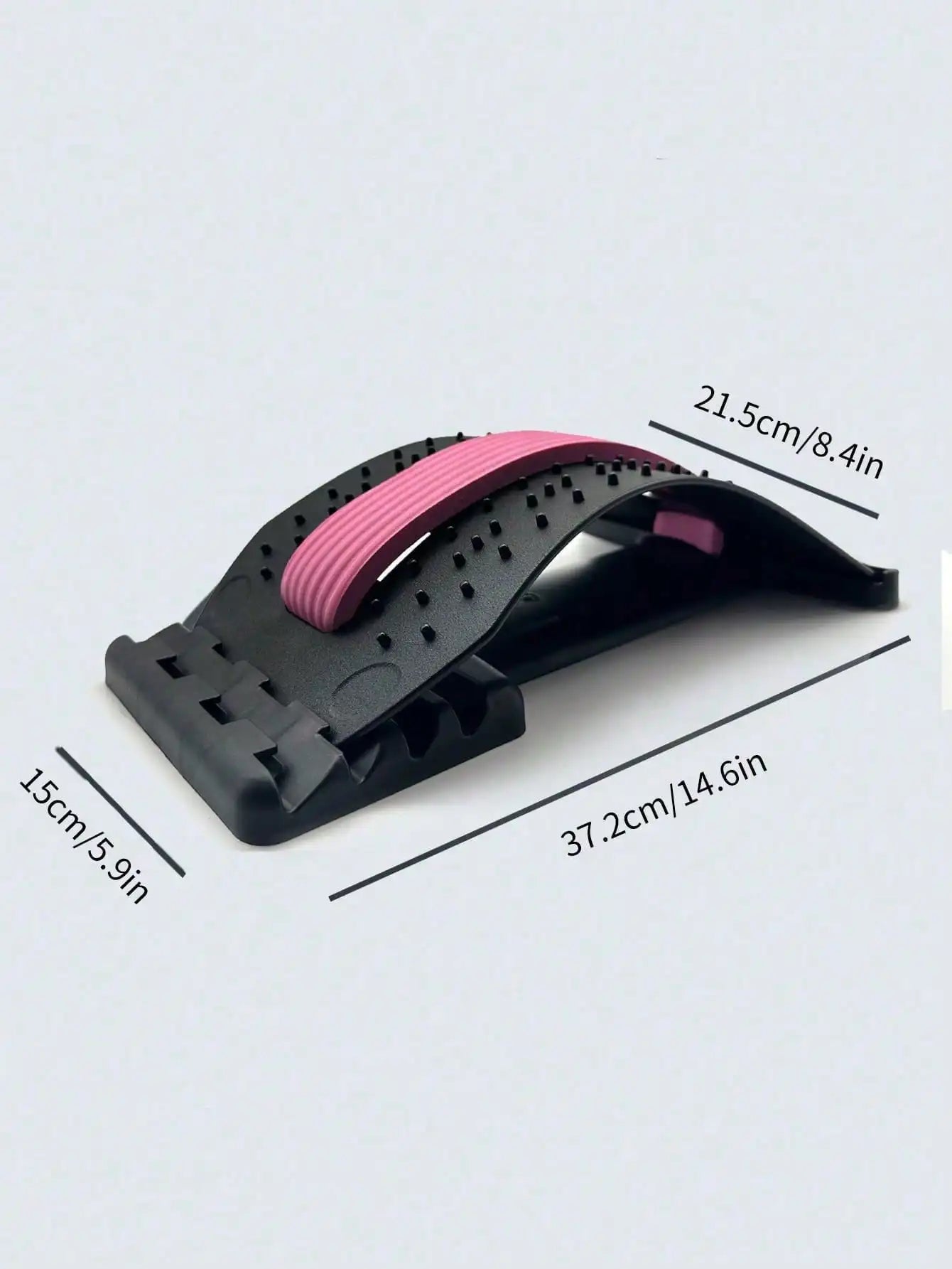 Back stretcher for lower back pain relief with lumbar support and acupressure – woman using spine decompression device