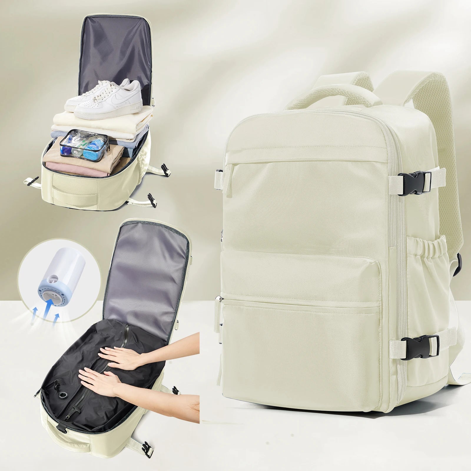 Vacuum Travel Backpack 60L – Expandable Business Laptop Bag with Air Compression Pump, Water Resistant, TSA Lock